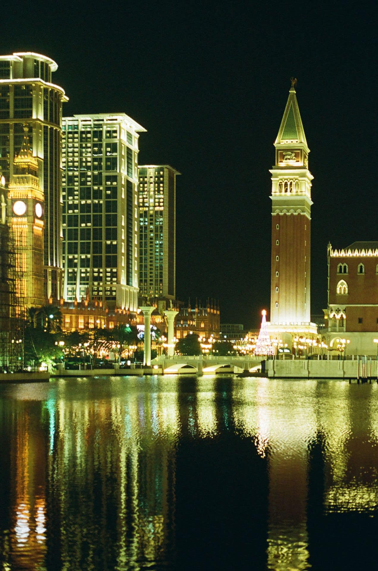 Night view of casinos in Macau, Venetian and Londoner 35mm film photography
