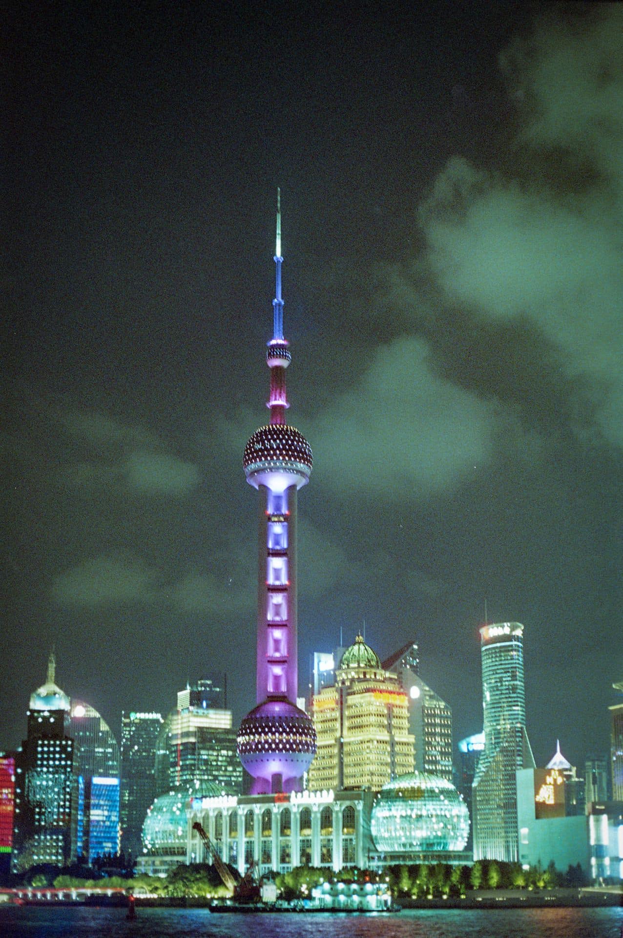 Shanghai Bund skyline by night 35mm film photography