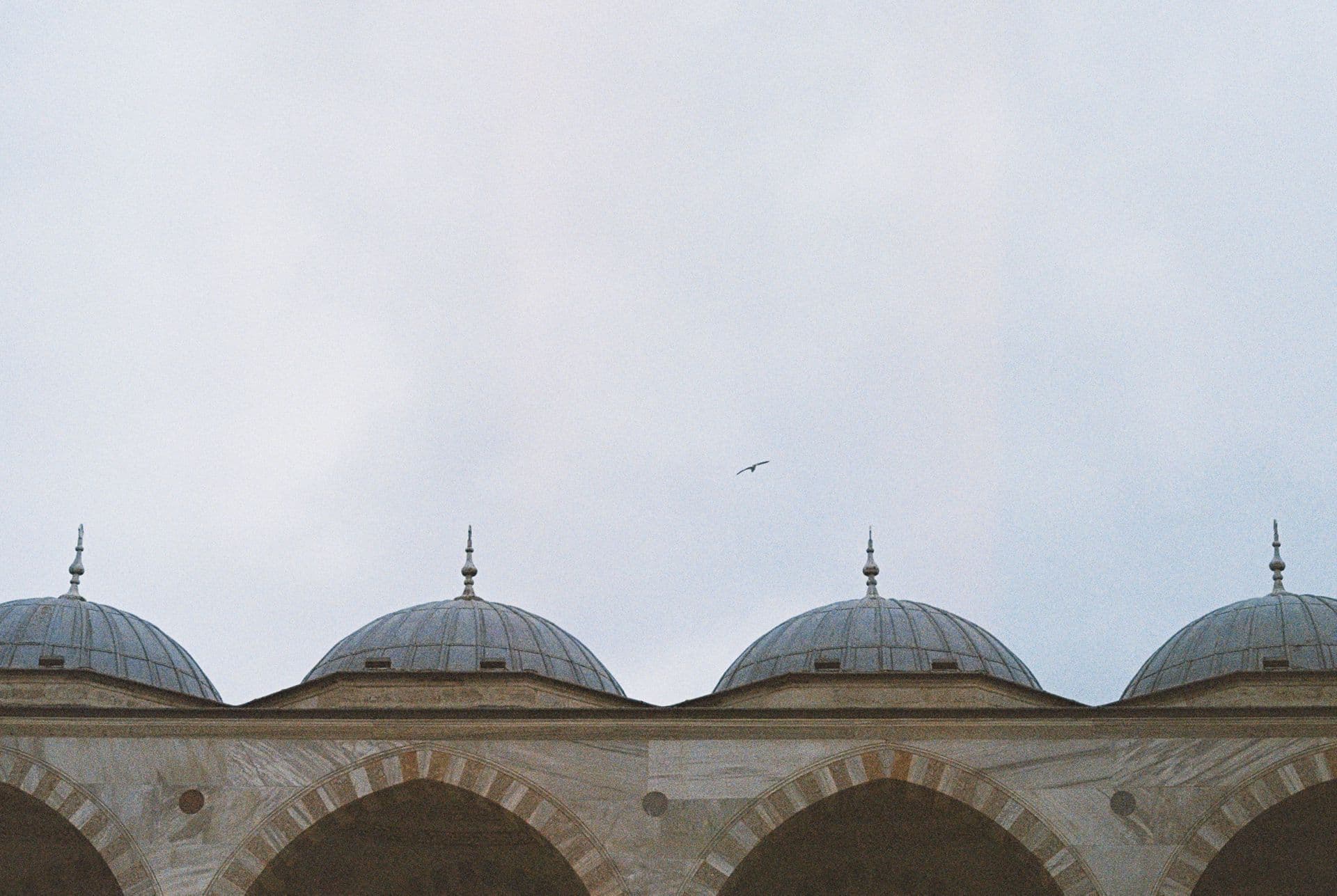 Roofs of Blue Mosque in Istanbul against a gloomy sky 35mm film photography